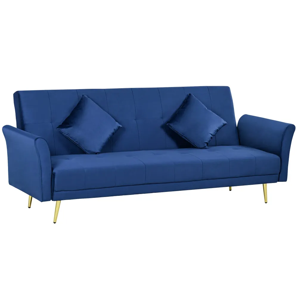 Divano Letto Singolo Clic Clac con Schienale Regolabile 215x83x87 cm Tessuto Effetto Velluto con 2 Cuscini Blu