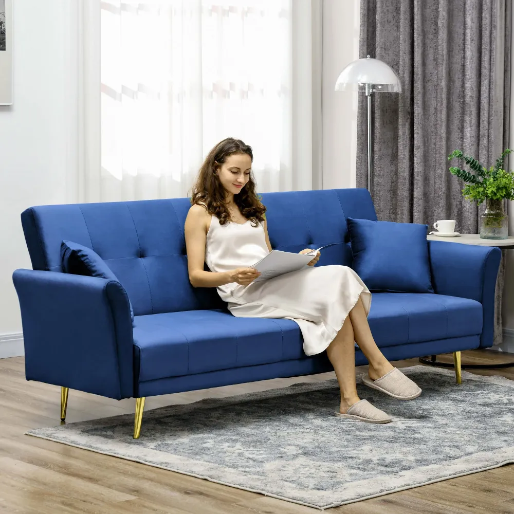 Divano Letto Singolo Clic Clac con Schienale Regolabile 215x83x87 cm Tessuto Effetto Velluto con 2 Cuscini Blu