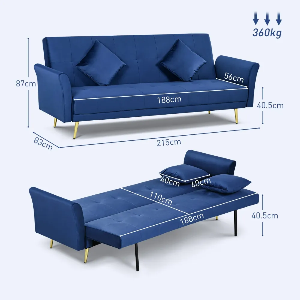 Divano Letto Singolo Clic Clac con Schienale Regolabile 215x83x87 cm Tessuto Effetto Velluto con 2 Cuscini Blu