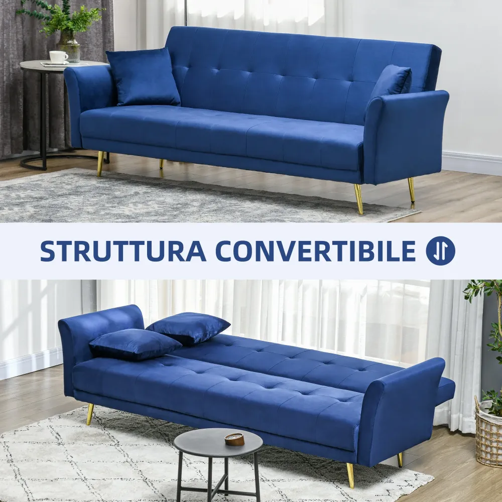 Divano Letto Singolo Clic Clac con Schienale Regolabile 215x83x87 cm Tessuto Effetto Velluto con 2 Cuscini Blu