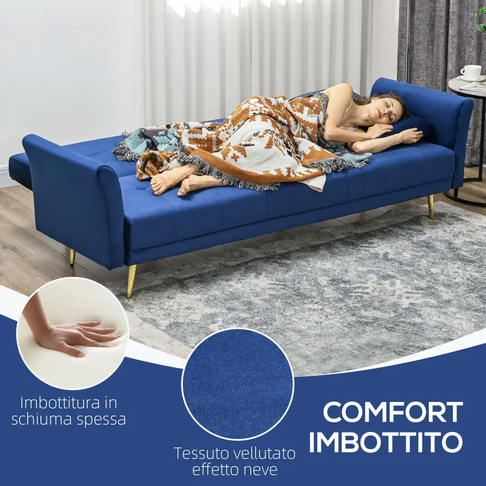 Divano Letto Singolo Clic Clac con Schienale Regolabile 215x83x87 cm Tessuto Effetto Velluto con 2 Cuscini Blu