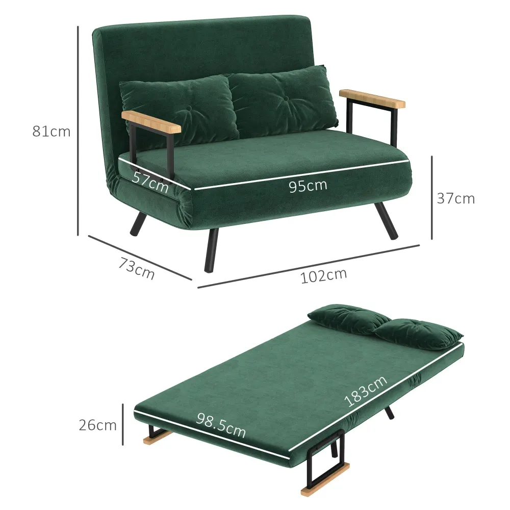 Divano Letto Singolo con Schienale Regolabile 102x73x81 cm Tessuto Effetto Velluto Verde