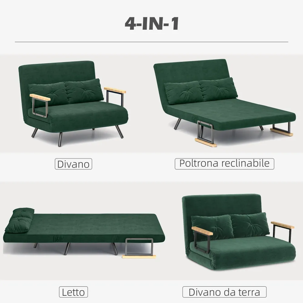 Divano Letto Singolo con Schienale Regolabile 102x73x81 cm Tessuto Effetto Velluto Verde