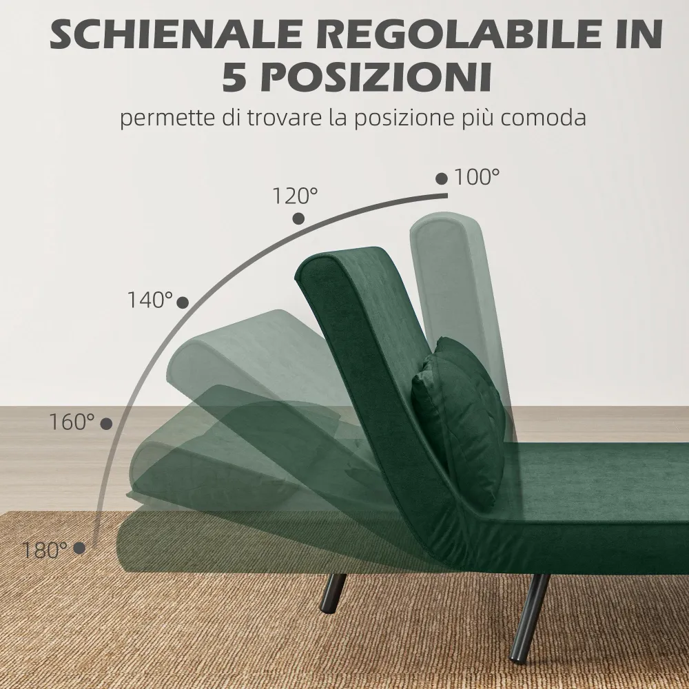 Divano Letto Singolo con Schienale Regolabile 102x73x81 cm Tessuto Effetto Velluto Verde