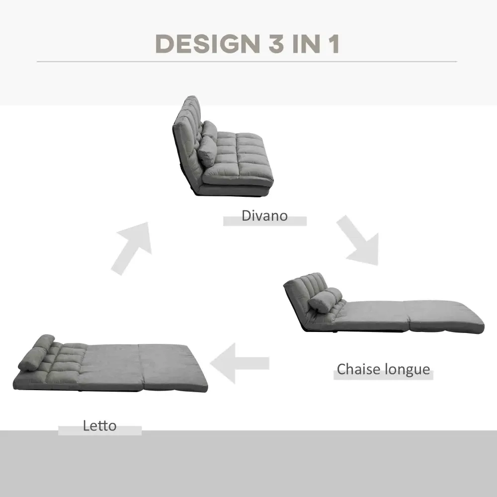 Divano Letto da Terra 130x73x60 cm con Schienale Reclinabile su 7 Livelli e Cuscini Grigio Carbone