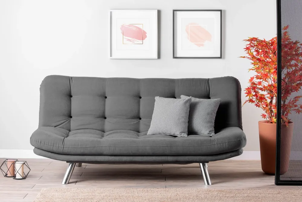 Divano living moderno 3 posti tessuto grigio trasformabile letto cm 200x105x95h