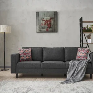 Divano living 3 posti imbottito rivestimento tessuto antracite cm 222x91x83h