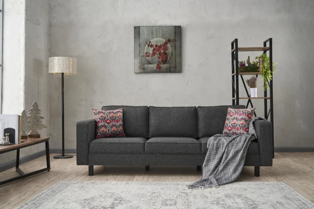Divano living 3 posti imbottito rivestimento tessuto antracite cm 222x91x83h