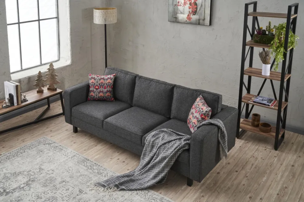 Divano living 3 posti imbottito rivestimento tessuto antracite cm 222x91x83h