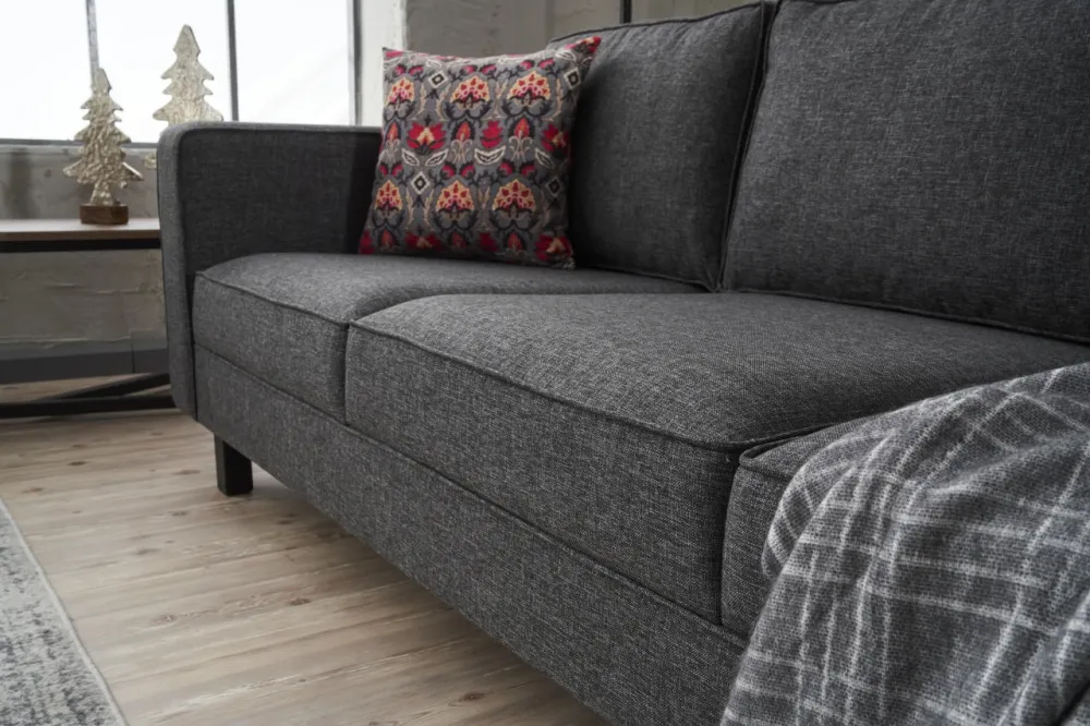 Divano living 3 posti imbottito rivestimento tessuto antracite cm 222x91x83h