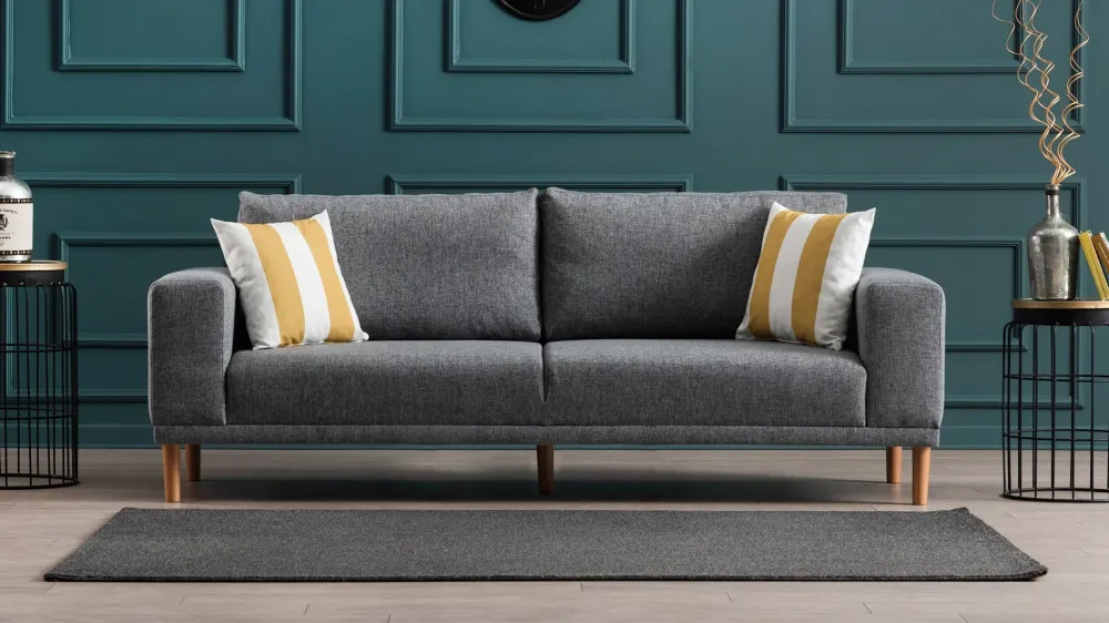 Divano living 3 posti moderno rivestito tessuto grigio cm 220x82x87h