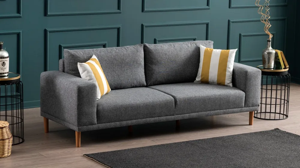 Divano living 3 posti moderno rivestito tessuto grigio cm 220x82x87h