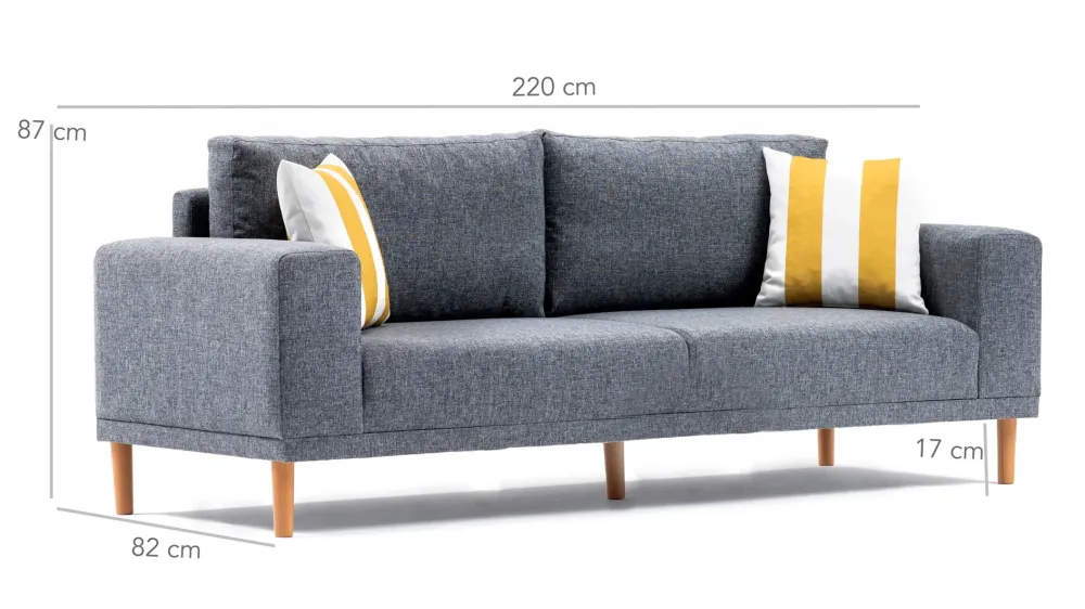 Divano living 3 posti moderno rivestito tessuto grigio cm 220x82x87h