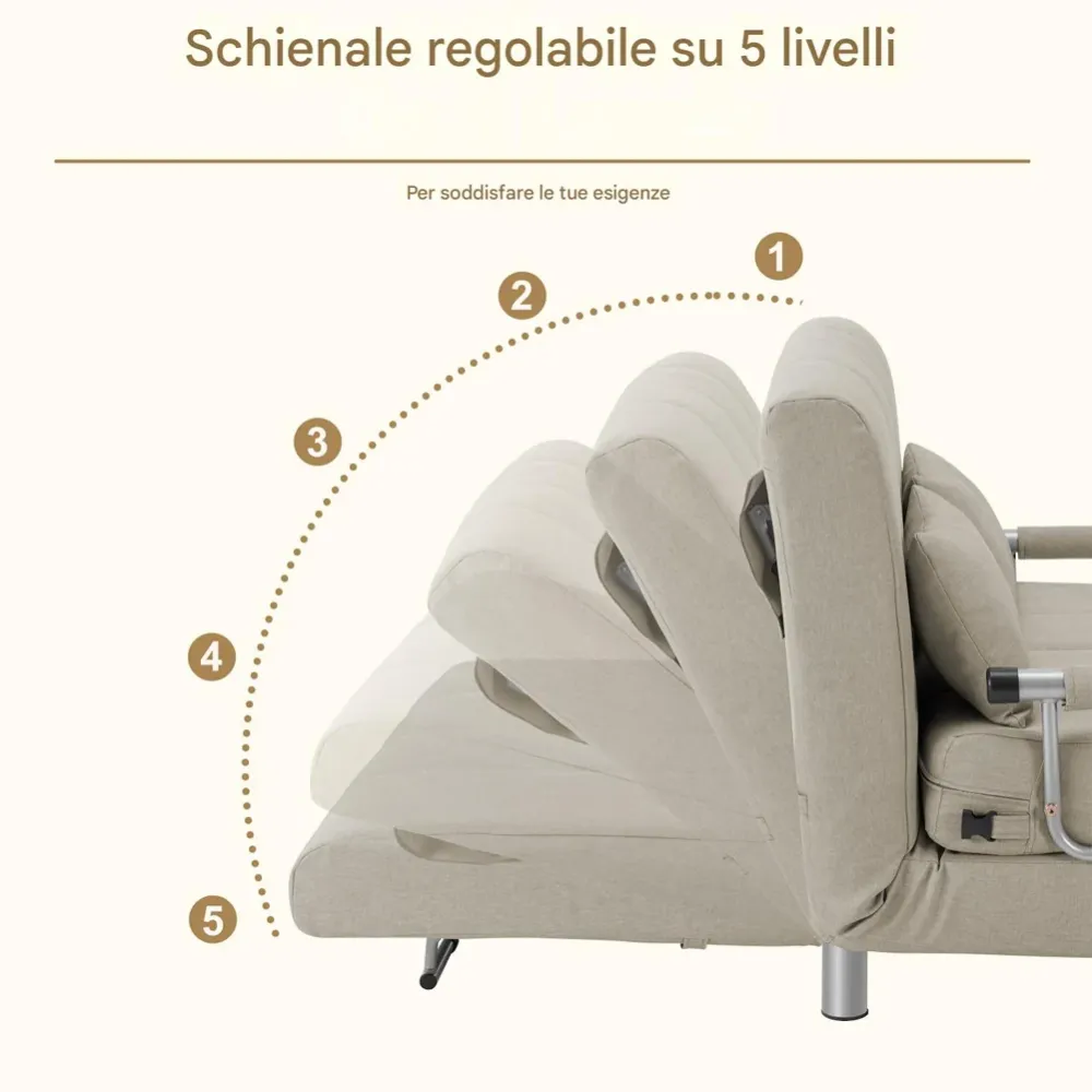 Divano Poltrona Letto 2 Posti una Piazza e mezza Ferro Tessuto Reclinabile Crema