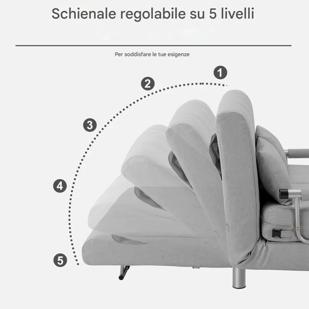 Divano Poltrona Letto 2 Posti una Piazza e mezza Ferro Tessuto Reclinabile Grigi