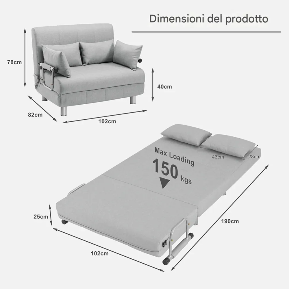 Divano Poltrona Letto 2 Posti una Piazza e mezza Ferro Tessuto Reclinabile Grigi
