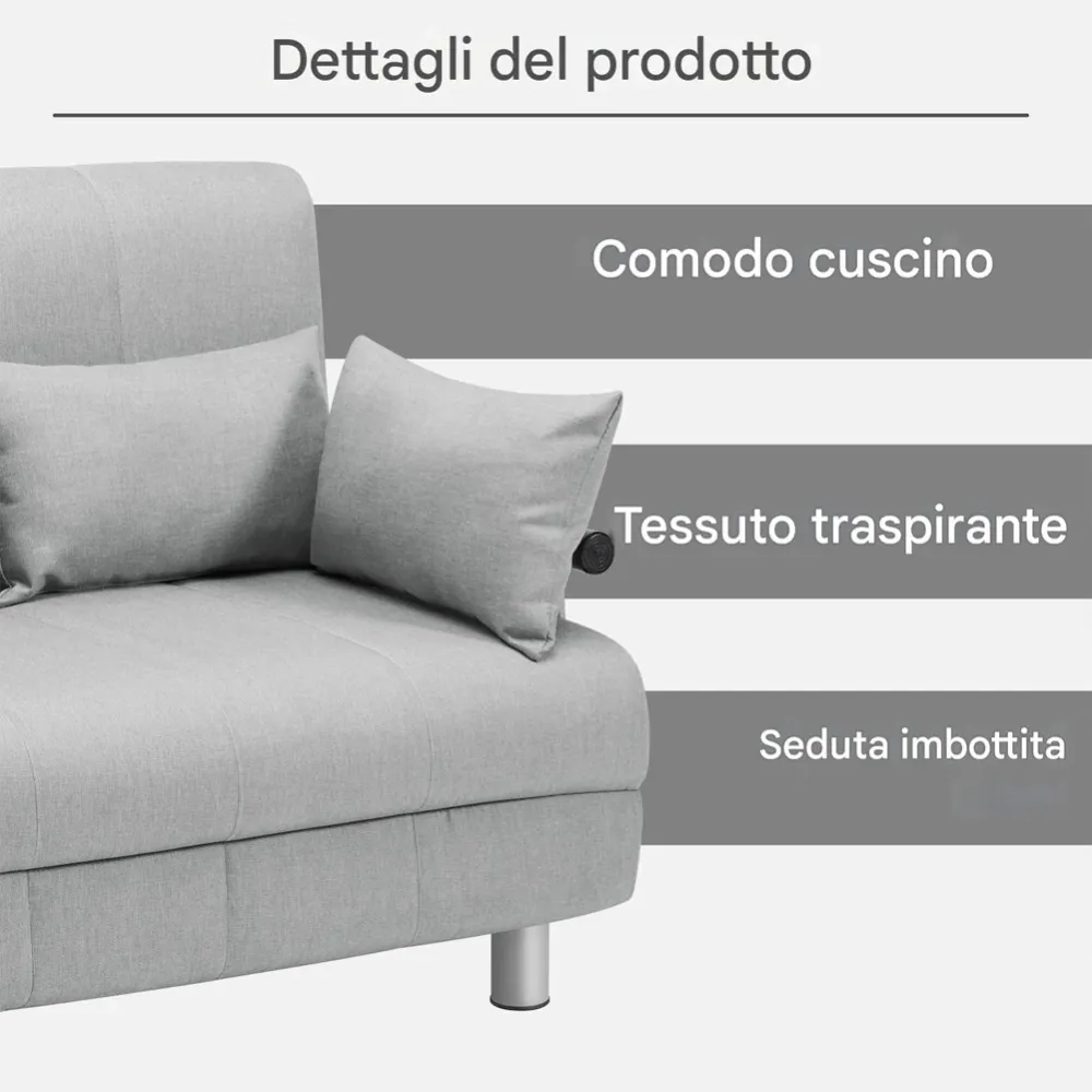 Divano Poltrona Letto 2 Posti una Piazza e mezza Ferro Tessuto Reclinabile Grigi