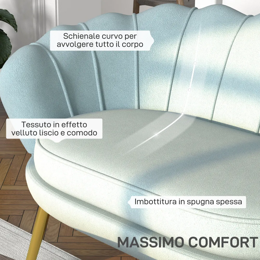 Divano 2 Posti 130x77x77 cm Velluto Azzurro