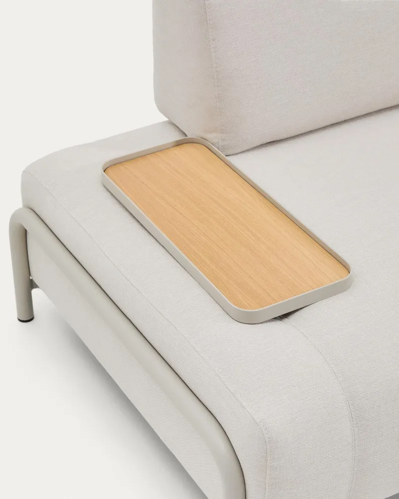 Divano 2 posti Compo fatto di Chenille Ecru, vassoio piccolo con impiallacciatura di quercia e beige Mead