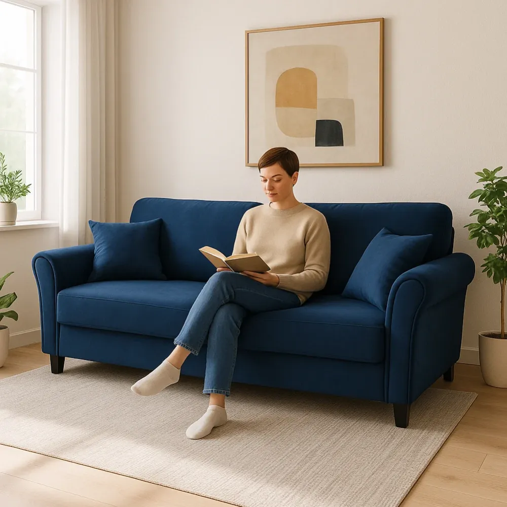 Divano 3 Posti con Rivestimento Velluto Blu Premium Sofa Relax 212x75x87 cm