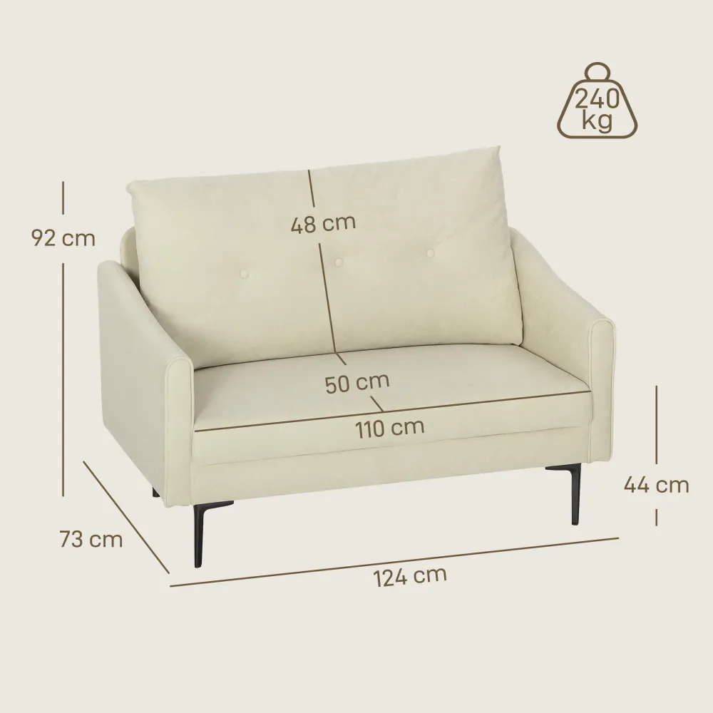 Divano 2 Posti Design Moderno 124x73x92 cm Schienale Trapuntato Bottoni e Rivestimento Velluto Crema