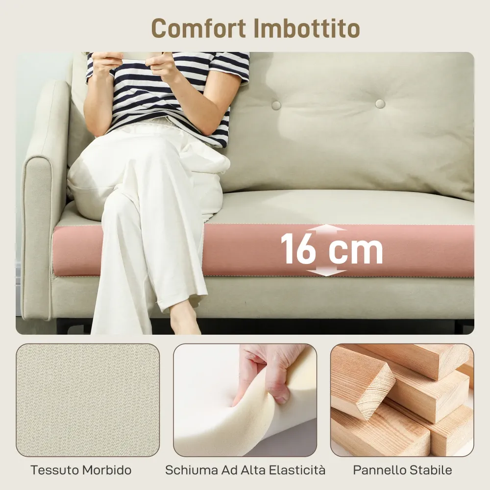 Divano 2 Posti Design Moderno 124x73x92 cm Schienale Trapuntato Bottoni e Rivestimento Velluto Crema