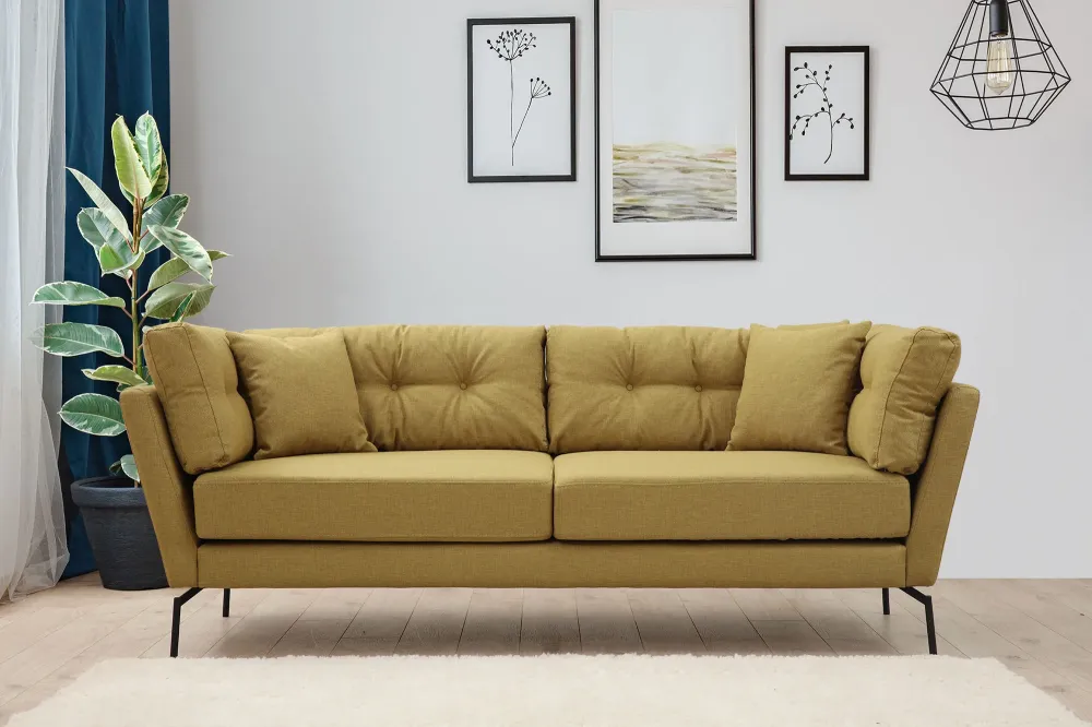 Divano 3 posti design moderno da salotto tessuto giallo cm 214x90x84h
