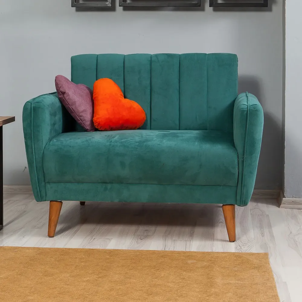 Divano 2 posti moderno per living tessuto verde gambe legno cm 110x80x85h