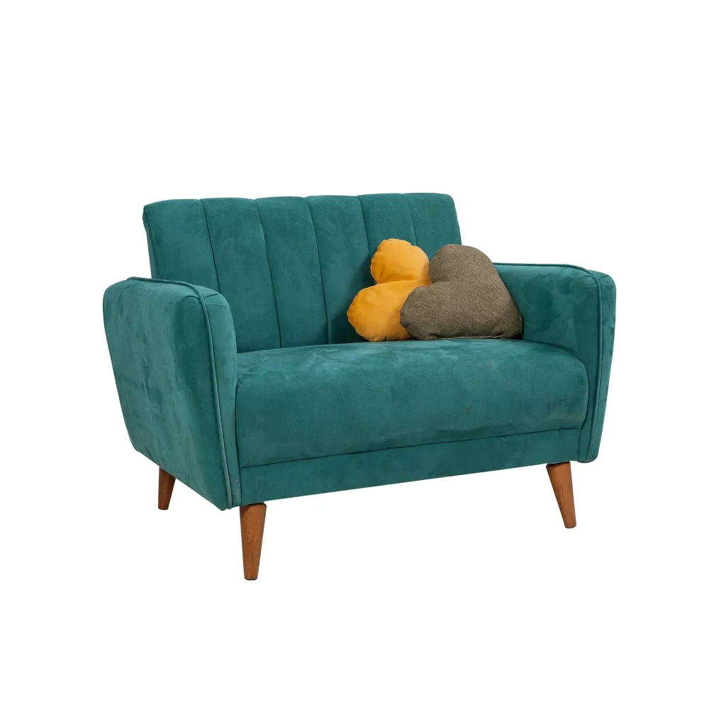 Divano 2 posti moderno per living tessuto verde gambe legno cm 110x80x85h