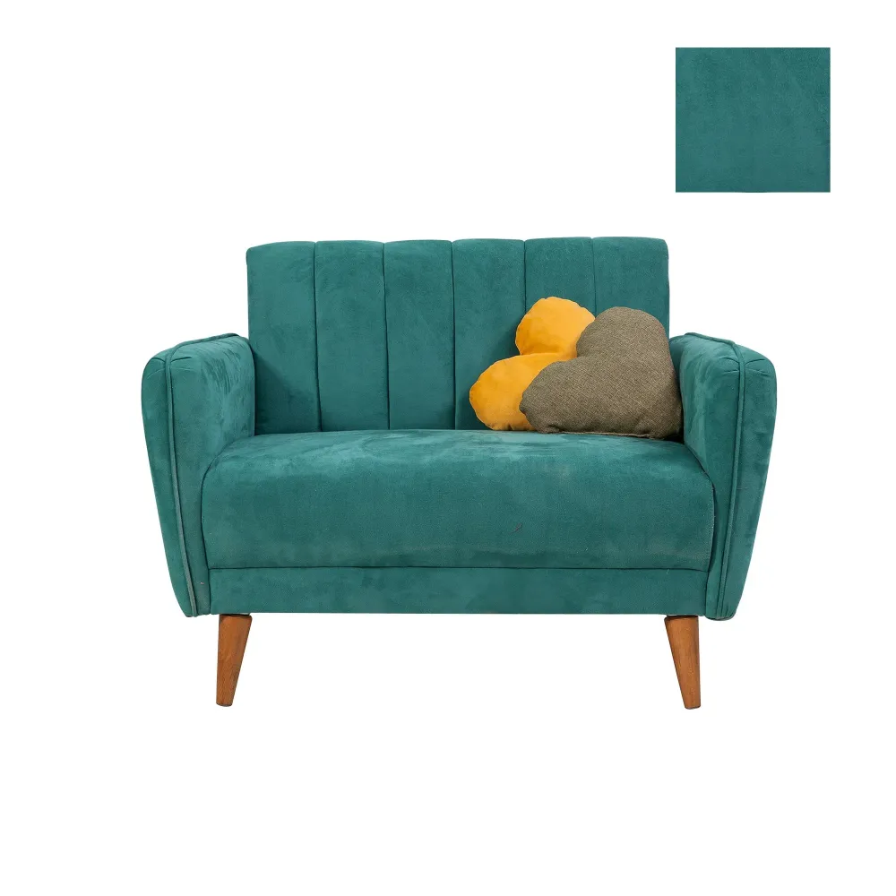 Divano 2 posti moderno per living tessuto verde gambe legno cm 110x80x85h