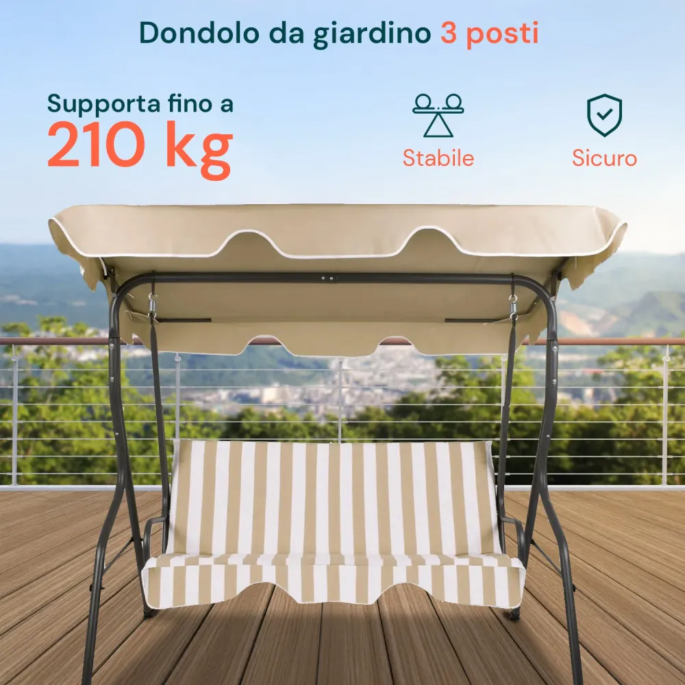 Dondolo 3 Posti Con Tettuccio Acciaio Antracite E Seduta Beige