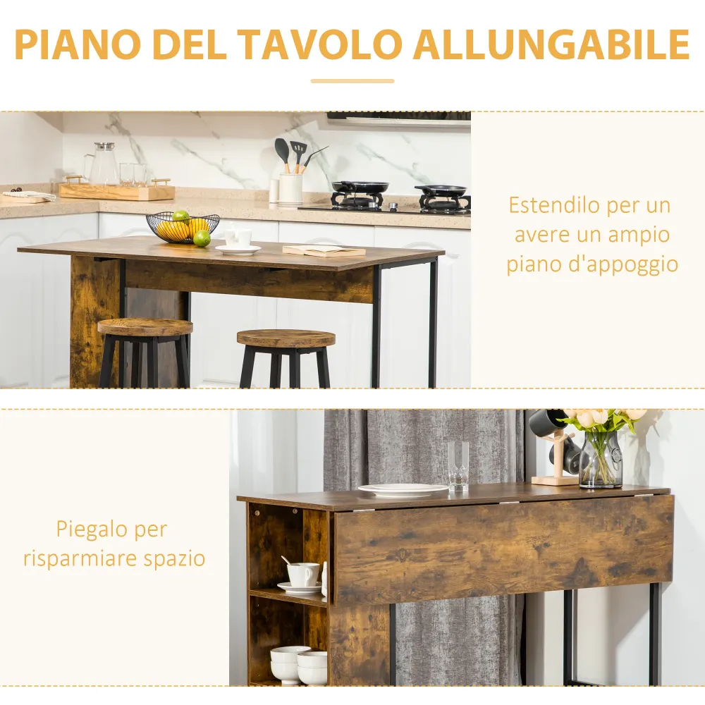 EASYCOMFORT Bancone Bar Pieghevole Stile Industriale con Scaffale 3 Ripiani, 120x76x91.4cm