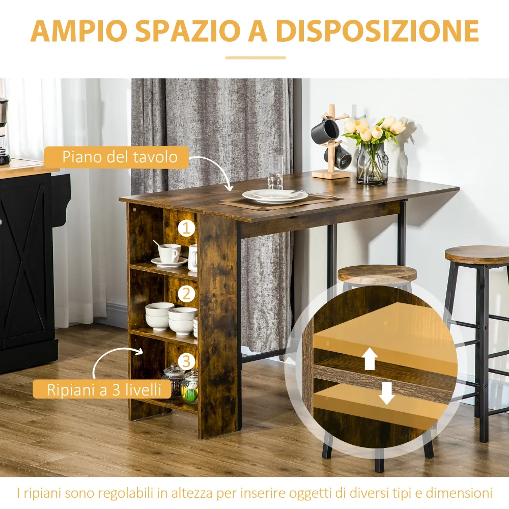 Easycomfort Bancone Bar Pieghevole Stile Industriale con Scaffale 3 Ripiani, 120x76x91.4cm