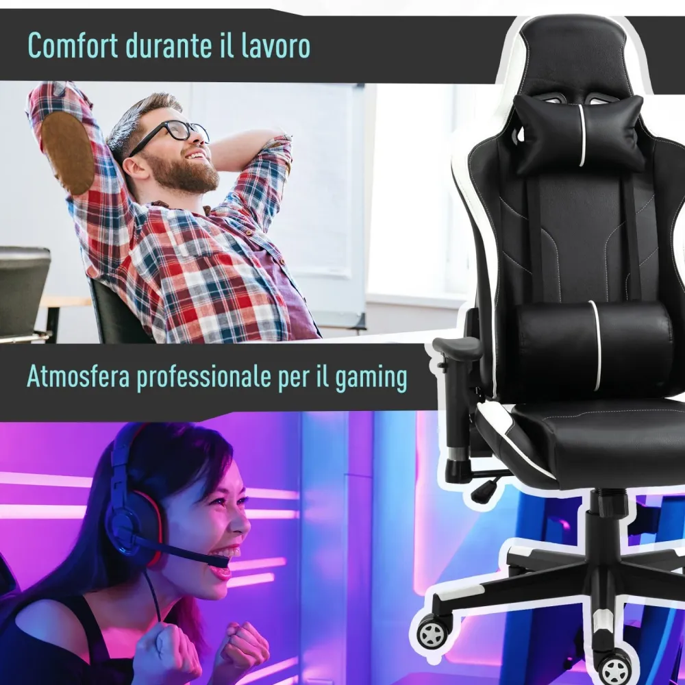 EASYCOMFORT Poltrona da Gaming con Altezza Schienale Regolabile, Sedia Ufficio con Poggiatesta e Cuscino Lombare Nera e Bi...