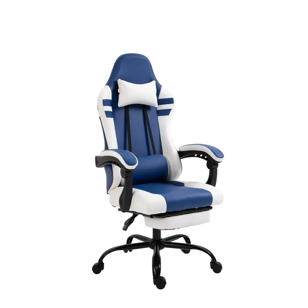 EASYCOMFORT Poltrona Gaming e da Ufficio Similpelle Blu e Bianca Reclinabile e con Poggiapiedi Estraibile