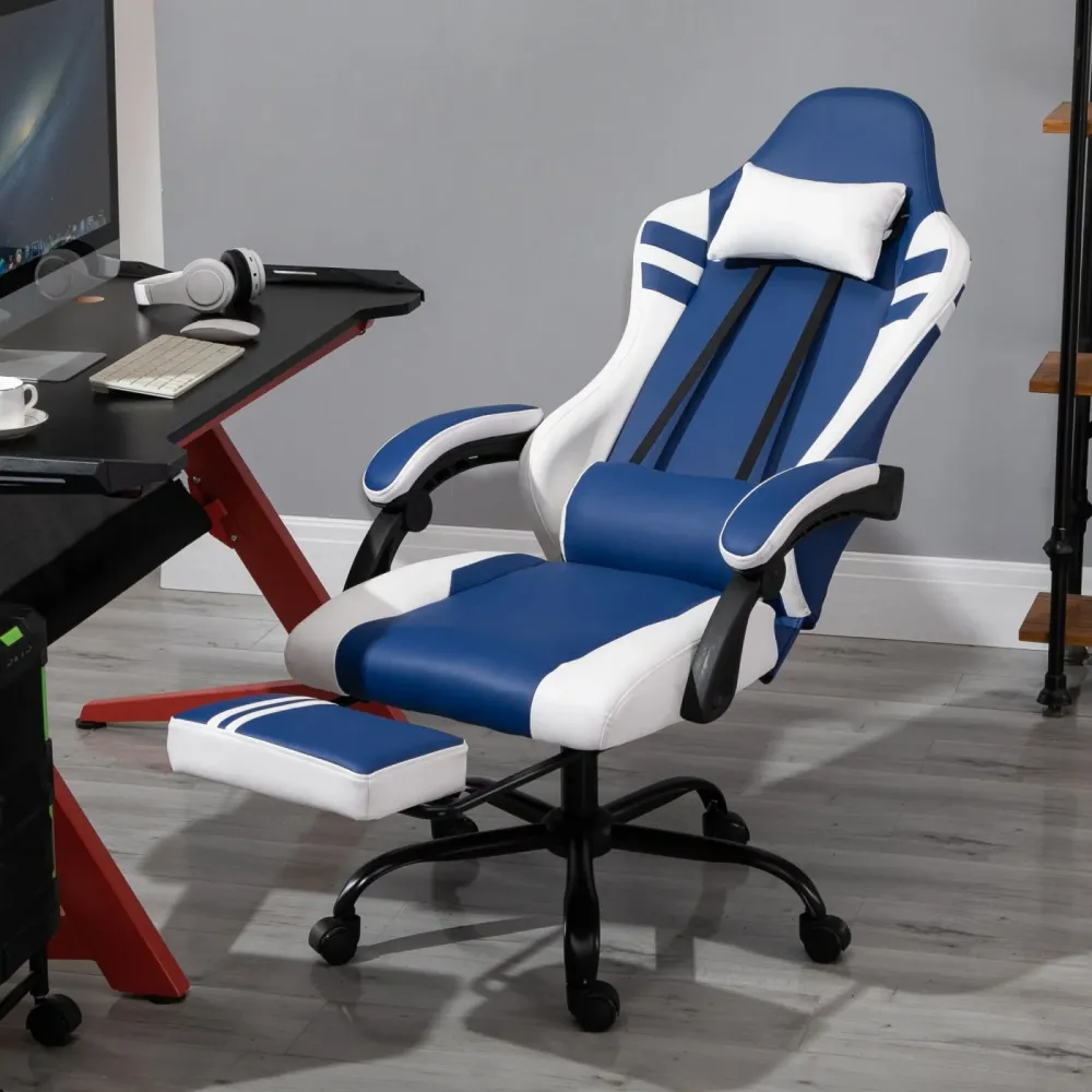 EASYCOMFORT Poltrona Gaming e da Ufficio Similpelle Blu e Bianca Reclinabile e con Poggiapiedi Estraibile