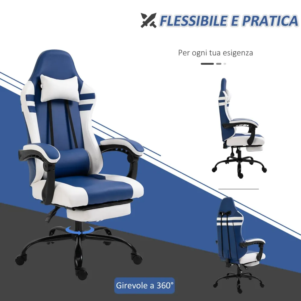EASYCOMFORT Poltrona Gaming e da Ufficio Similpelle Blu e Bianca Reclinabile e con Poggiapiedi Estraibile