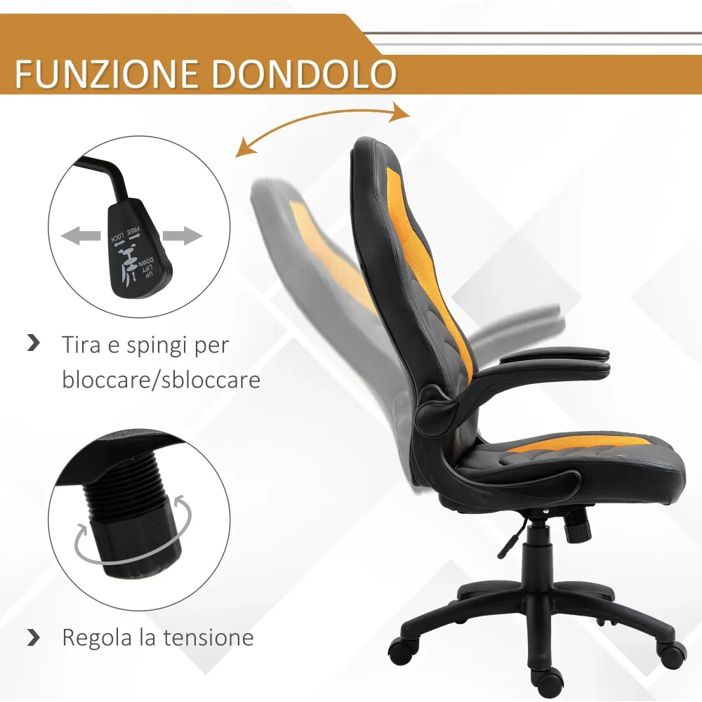 EASYCOMFORT Poltrona da Gaming o da Ufficio Similpelle Gialla, Braccioli Pieghevoli Schienale e Altezza Regolabile 117-127Acm