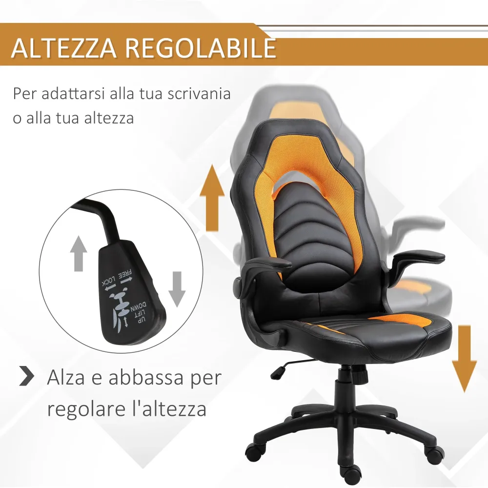 EASYCOMFORT Poltrona da Gaming o da Ufficio Similpelle Gialla, Braccioli Pieghevoli Schienale e Altezza Regolabile 117-127Acm
