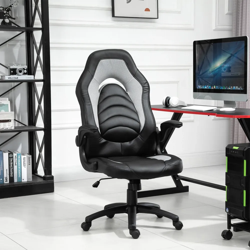 EASYCOMFORT Poltrona da Gaming o da Ufficio Similpelle Grigia, Braccioli Pieghevoli Schienale e Altezza Regolabile 117-127Acm