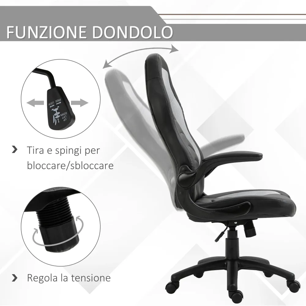 EASYCOMFORT Poltrona da Gaming o da Ufficio Similpelle Grigia, Braccioli Pieghevoli Schienale e Altezza Regolabile 117-127Acm