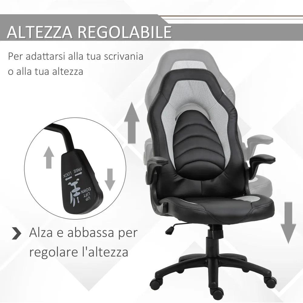 EASYCOMFORT Poltrona da Gaming o da Ufficio Similpelle Grigia, Braccioli Pieghevoli Schienale e Altezza Regolabile 117-127Acm