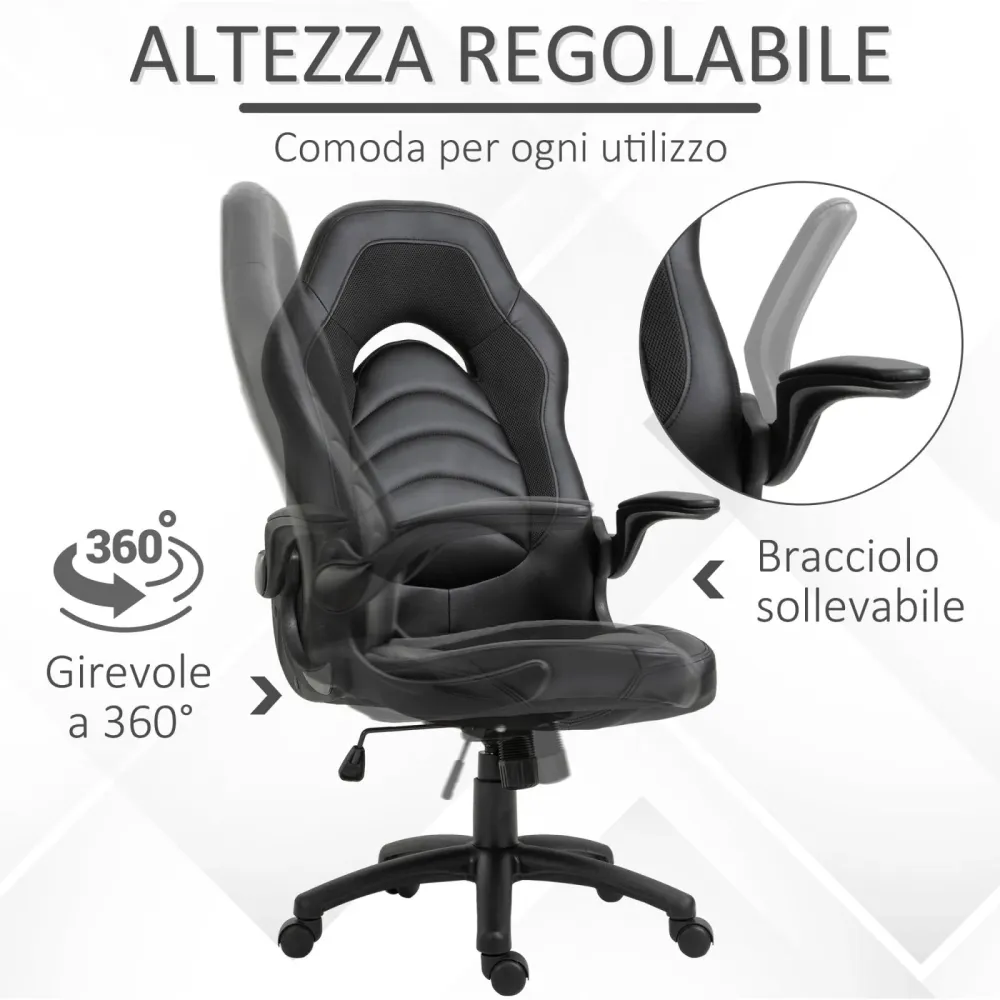 EASYCOMFORT Poltrona Gaming o da Ufficio Similpelle Nera con Braccioli Pieghevoli Schienale e Altezza Regolabile