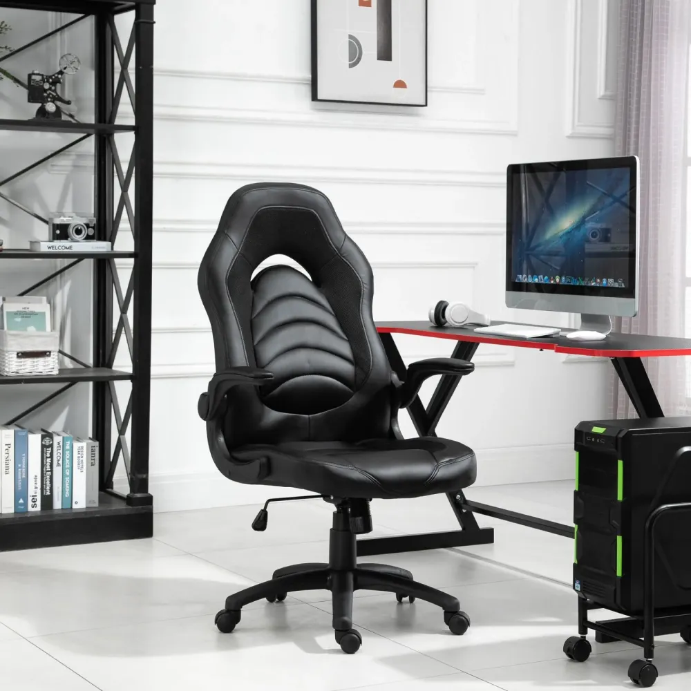 EASYCOMFORT Poltrona Gaming o da Ufficio Similpelle Nera con Braccioli Pieghevoli Schienale e Altezza Regolabile
