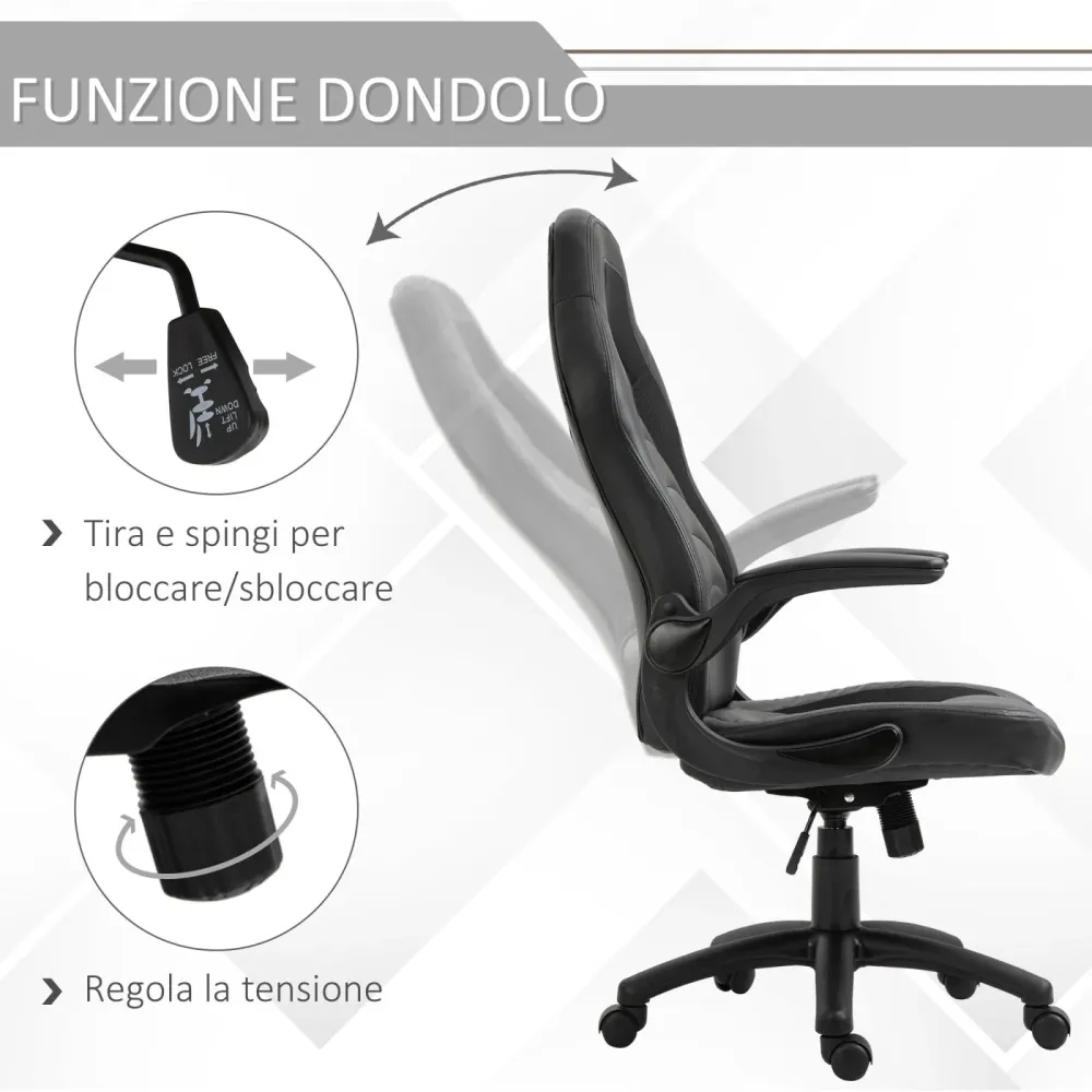 EASYCOMFORT Poltrona Gaming o da Ufficio Similpelle Nera con Braccioli Pieghevoli Schienale e Altezza Regolabile