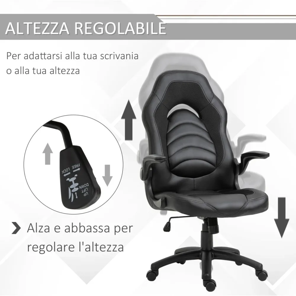 EASYCOMFORT Poltrona Gaming o da Ufficio Similpelle Nera con Braccioli Pieghevoli Schienale e Altezza Regolabile