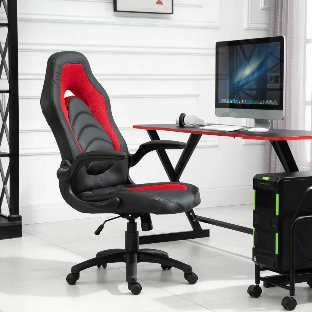 EASYCOMFORT Poltrona Gaming da Ufficio Similpelle Rossa con Braccioli Pieghevoli Altezza e Schienale Regolabile