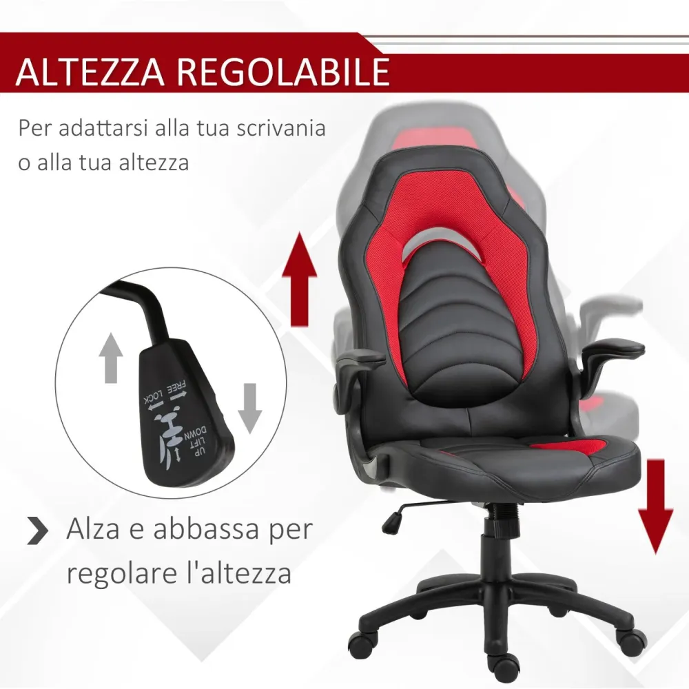 EASYCOMFORT Poltrona Gaming da Ufficio Similpelle Rossa con Braccioli Pieghevoli Altezza e Schienale Regolabile