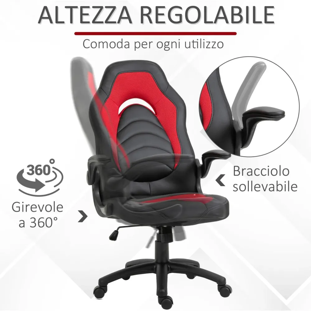 EASYCOMFORT Poltrona Gaming da Ufficio Similpelle Rossa con Braccioli Pieghevoli Altezza e Schienale Regolabile
