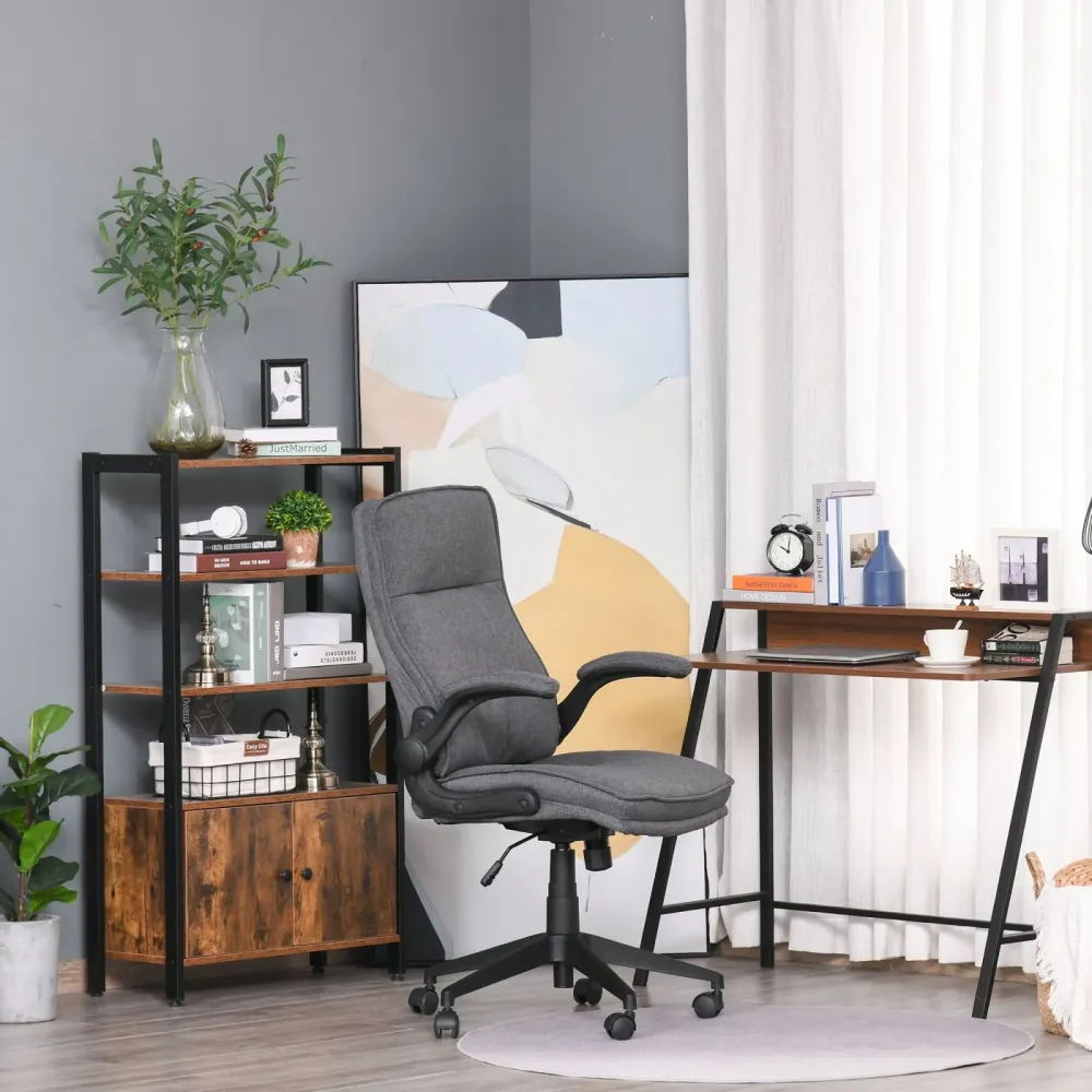 EASYCOMFORT Poltrona Girevole ed Ergonomica, Sedia da Ufficio Imbottita e Regolabile con Braccioli Lino Grigio, 67x70x108-...